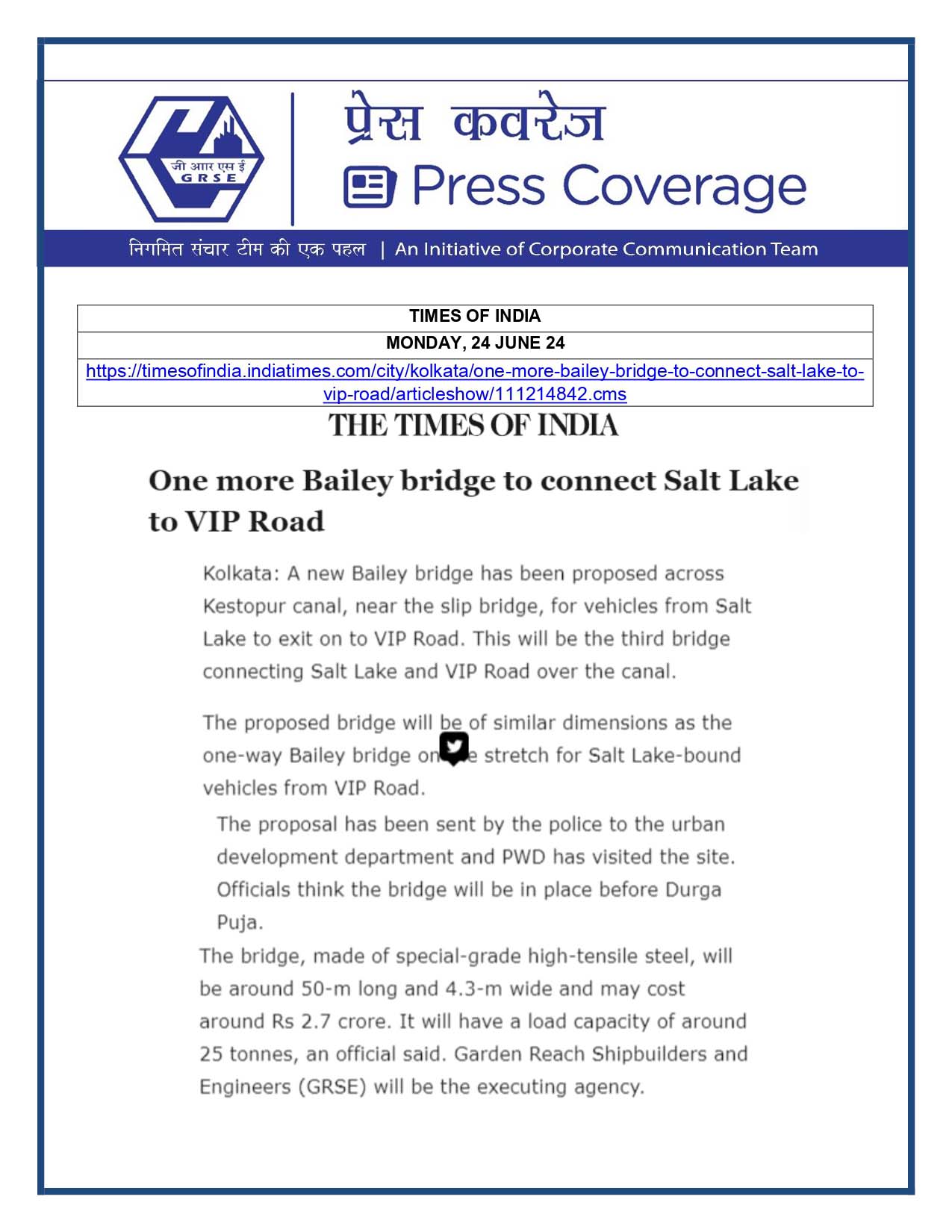 Press Coverage : Times of India, 24 Jun 24 : One more Bailey Bridge to connect Salt Lake to VIP Road